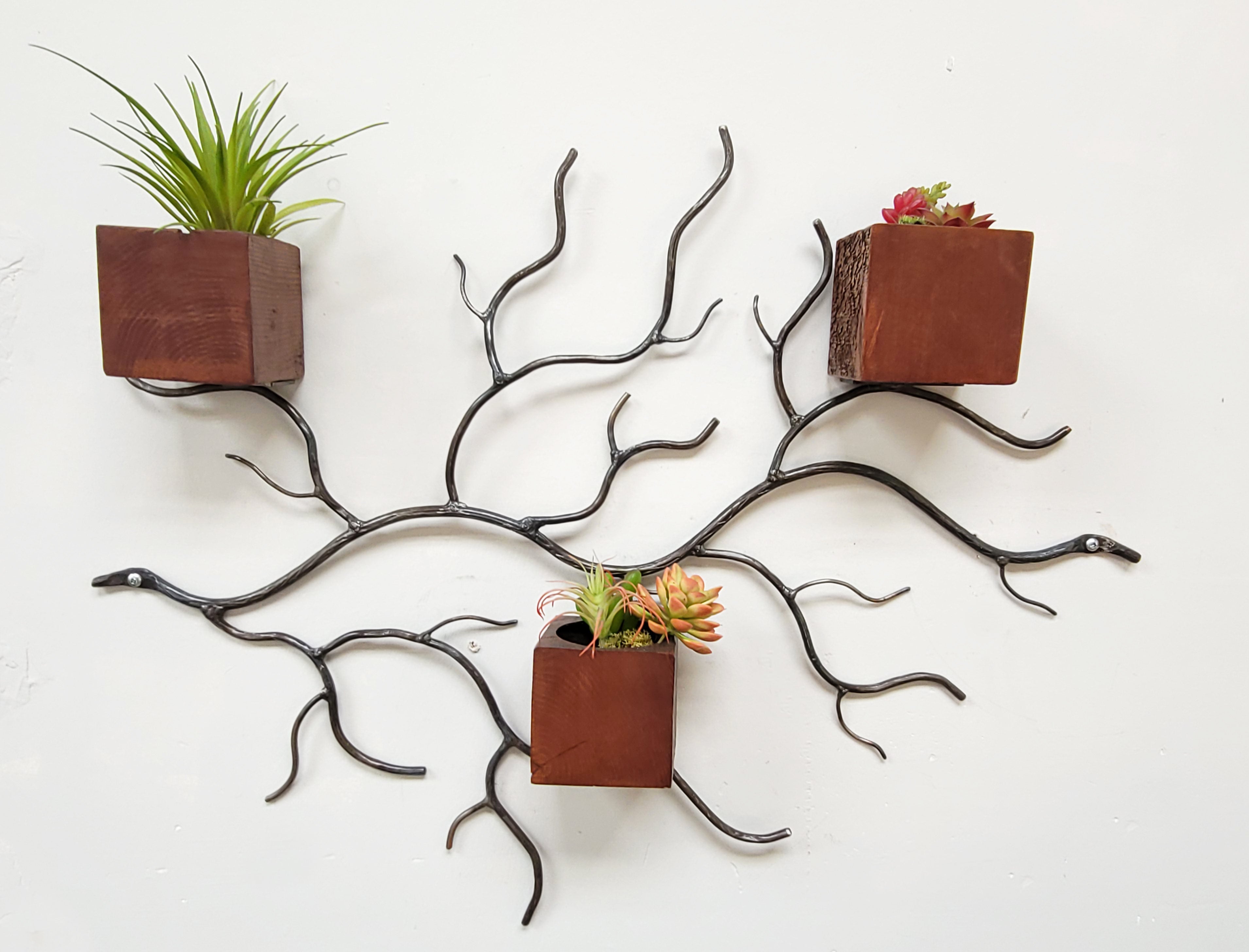 metal tree wall planter with pots Tree Branch Wood and Metal Wall Planter – Lucky 7 Steel