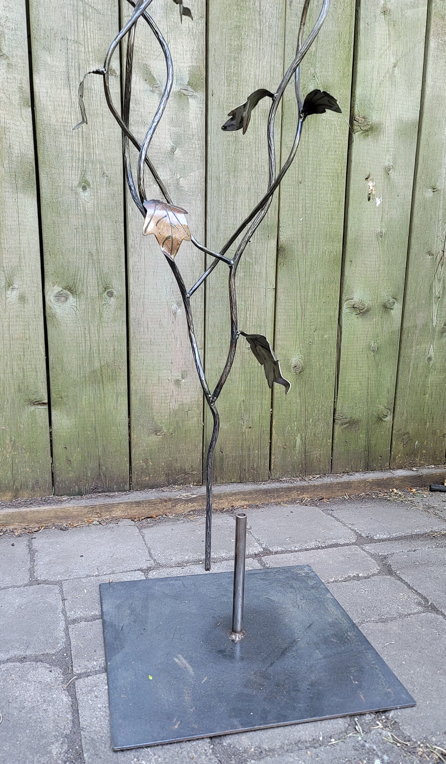 Steel Flowering-Vine Sculpture with Bird House